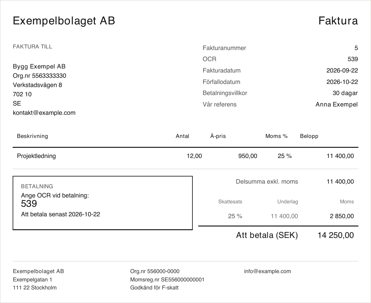 En PDF-faktura från Papercut för Exempelbolaget AB. Överst syns fakturanummer, OCR, fakturadatum, förfallodatum och kundens uppgifter. I mitten finns raden med antal, à-pris och moms, och en ruta med OCR och sista betalningsdag. Sidfoten visar organisationsnummer, momsregistreringsnummer och Godkänd för F-skatt.