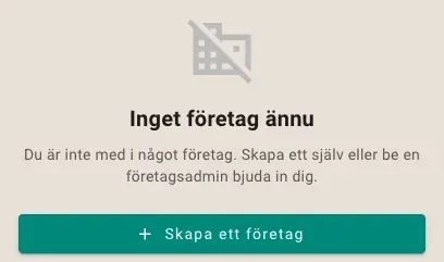 Startsidan i Papercut för en ny användare. Rubriken Inget företag ännu och knappen Skapa ett företag.