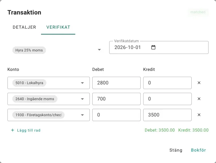 Fliken Verifikat för en banktransaktion i Papercut. Mallen Hyra 25% moms föreslår 2 800 kr på 5010 Lokalhyra, 700 kr på 2640 Ingående moms och 3 500 kr i kredit på 1930 Företagskonto. Debet och kredit balanserar och knappen Bokför syns nere till höger.