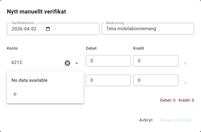 Dialogen Nytt manuellt verifikat i Papercut med datumet 2026-04-02 och beskrivningen Telia mobilabonnemang. I kontofältet står 6212. Kontolistan hittar inget konto och har en plusknapp längst ned.