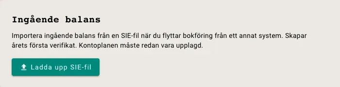 Inställningar i Papercut. Under rubriken Ingående balans står en förklaring och knappen Ladda upp SIE-fil.