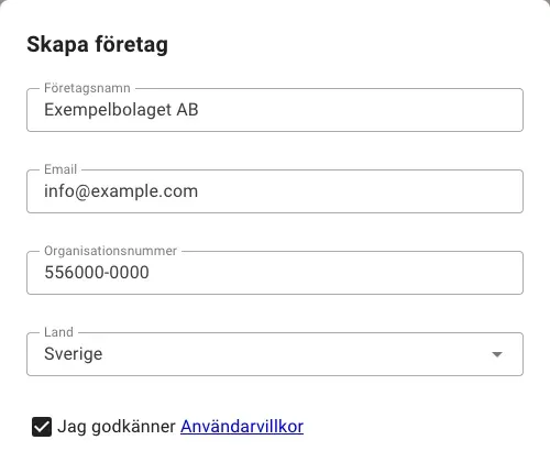 Dialogen Skapa företag i Papercut, ifylld med företagsnamnet Exempelbolaget AB, en e-postadress, organisationsnummer 556000-0000, landet Sverige och en bock för godkända användarvillkor.